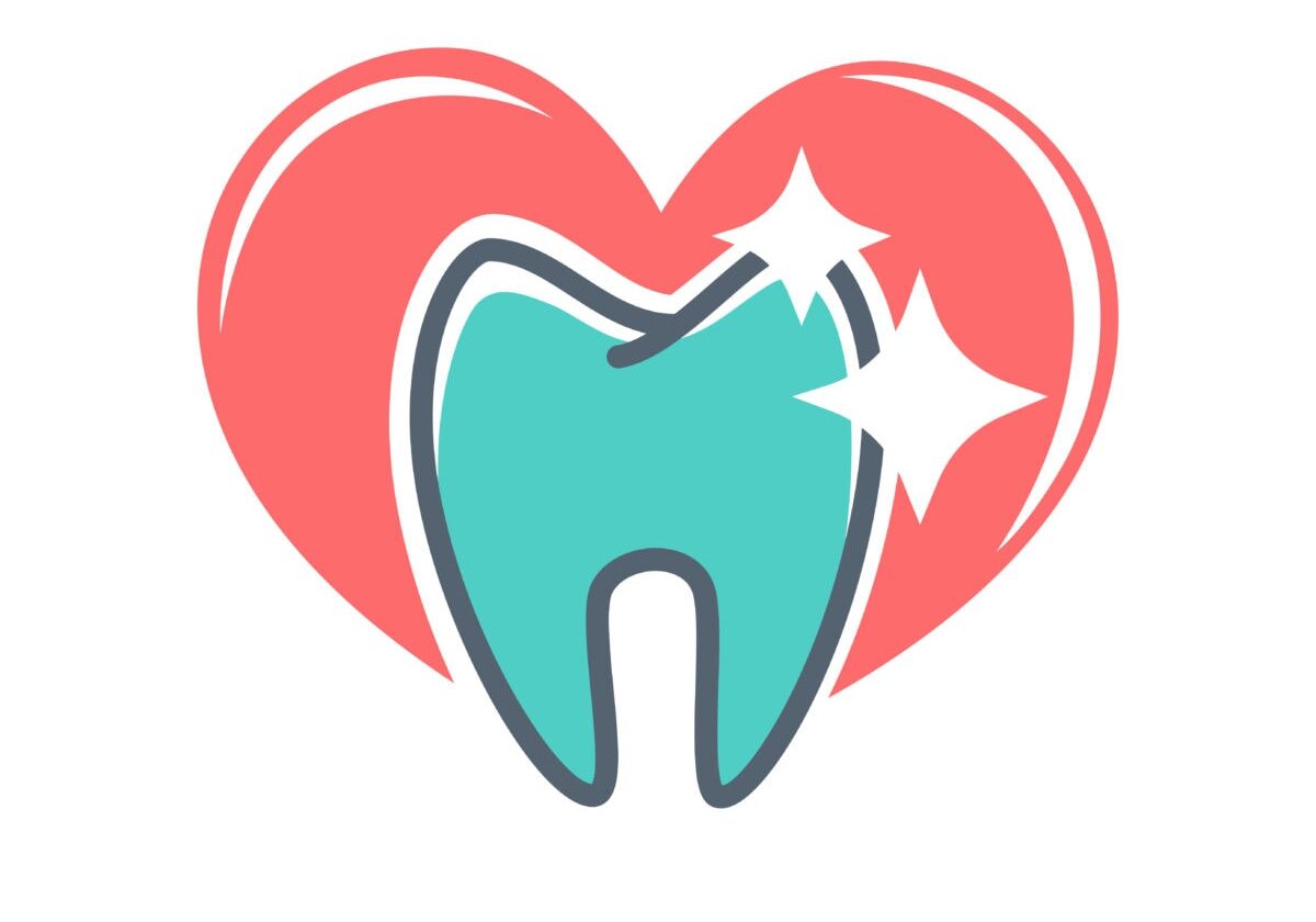 Dental logo on background of red heart. Dentistry icon, toothpaste advertisement. Logotype for stomatology clinic. Odontology emblem vector illustration, tooth implant sign. Ideal smile concept